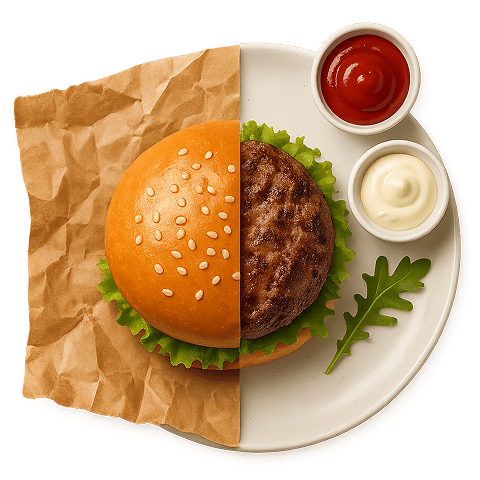 Yarısı kağıda sarılı olan hamburger, ketçap ve mayonez soslarıyla birlikte bir tabakta servis ediliyor.