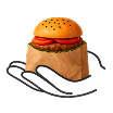 Minimalist çizgi tekniğiyle yapılmış bir illüstrasyonda, elinde hamburger tutan bir yiyecek servisi çalışanı.