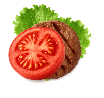 Koyu bir arka plan üzerinde dana köftesi, domates dilimi ve marul gibi taze burger malzemeleri.