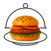 Minimalist çizgi illüstrasyon tarzında, servis tepsisi altında bir hamburger; restoran servisini temsil eden bir cam fanus.